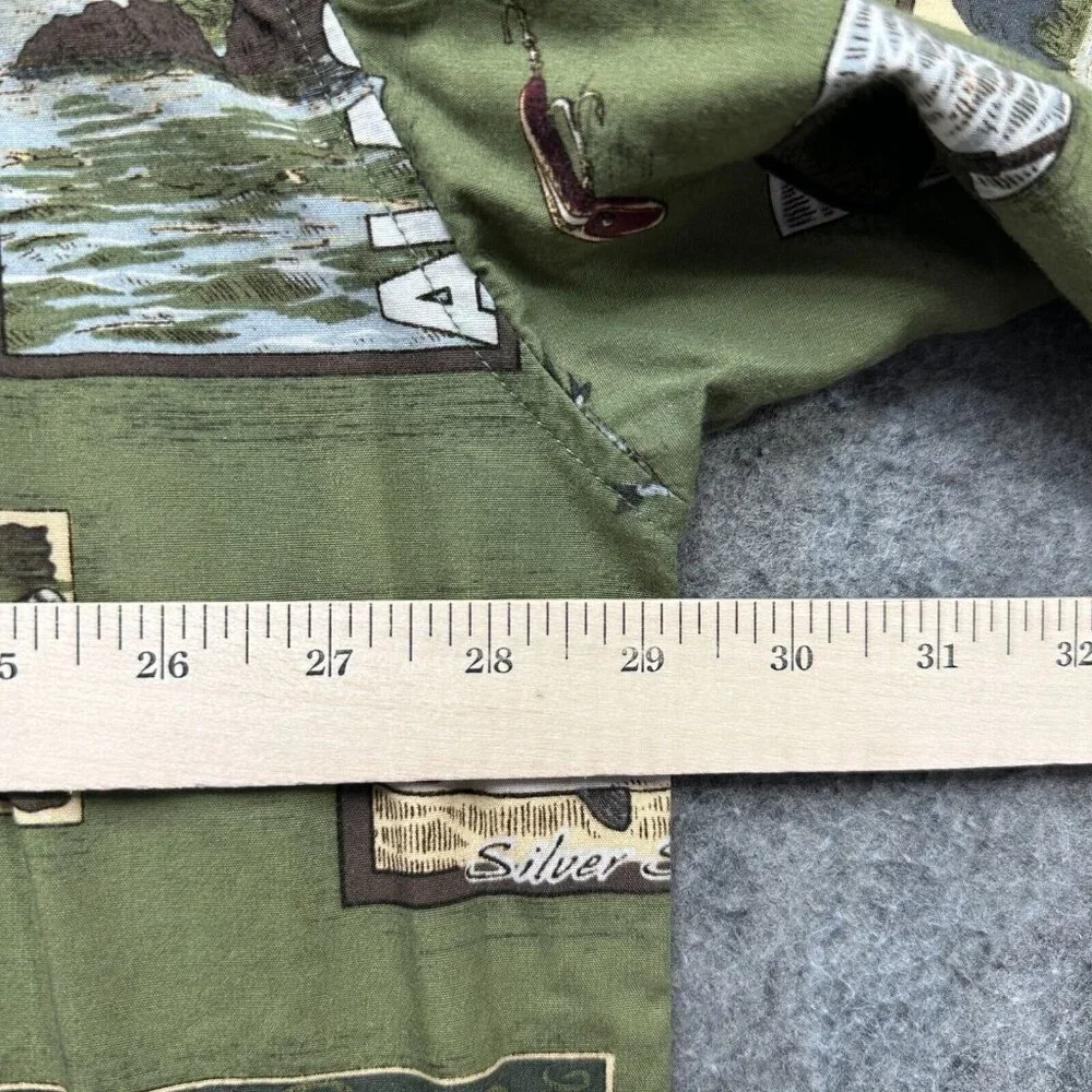 David Carey Camp Shirt Men 2XL Green Alaska Print Fish Graphic Short Sleeve - Picture 8 of 11